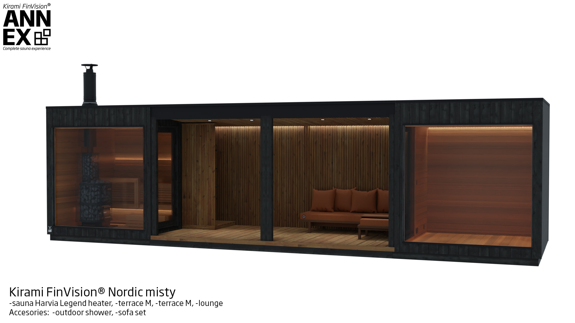 Kirami FinVision® -sauna (with Harvia Legend heater), -terrace M, -terrace M, -lounge Nordic misty | Kirami FinVision® Annex