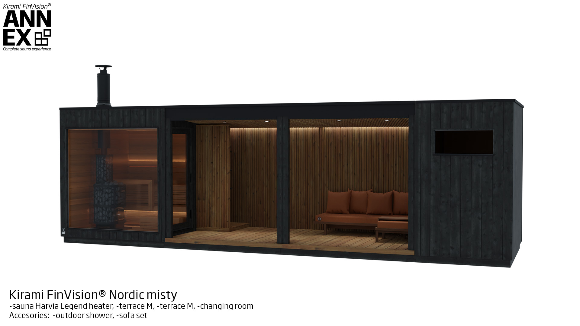 Kirami FinVision® -sauna (with Harvia Legend heater), -terrace M, -terrace M, -changing room Nordic misty | Kirami FinVision® Annex